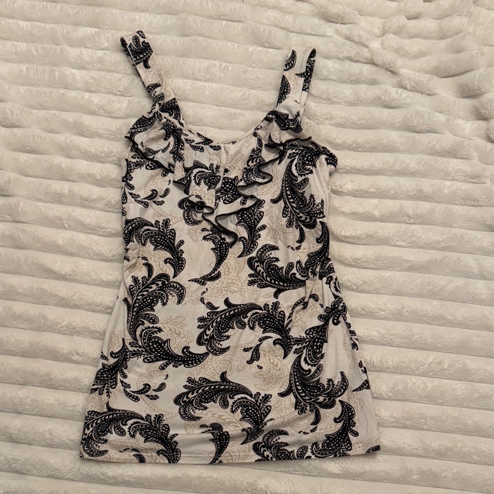 White House Black Market Paisley Tank Top XS Black & Cream Stretch Cami